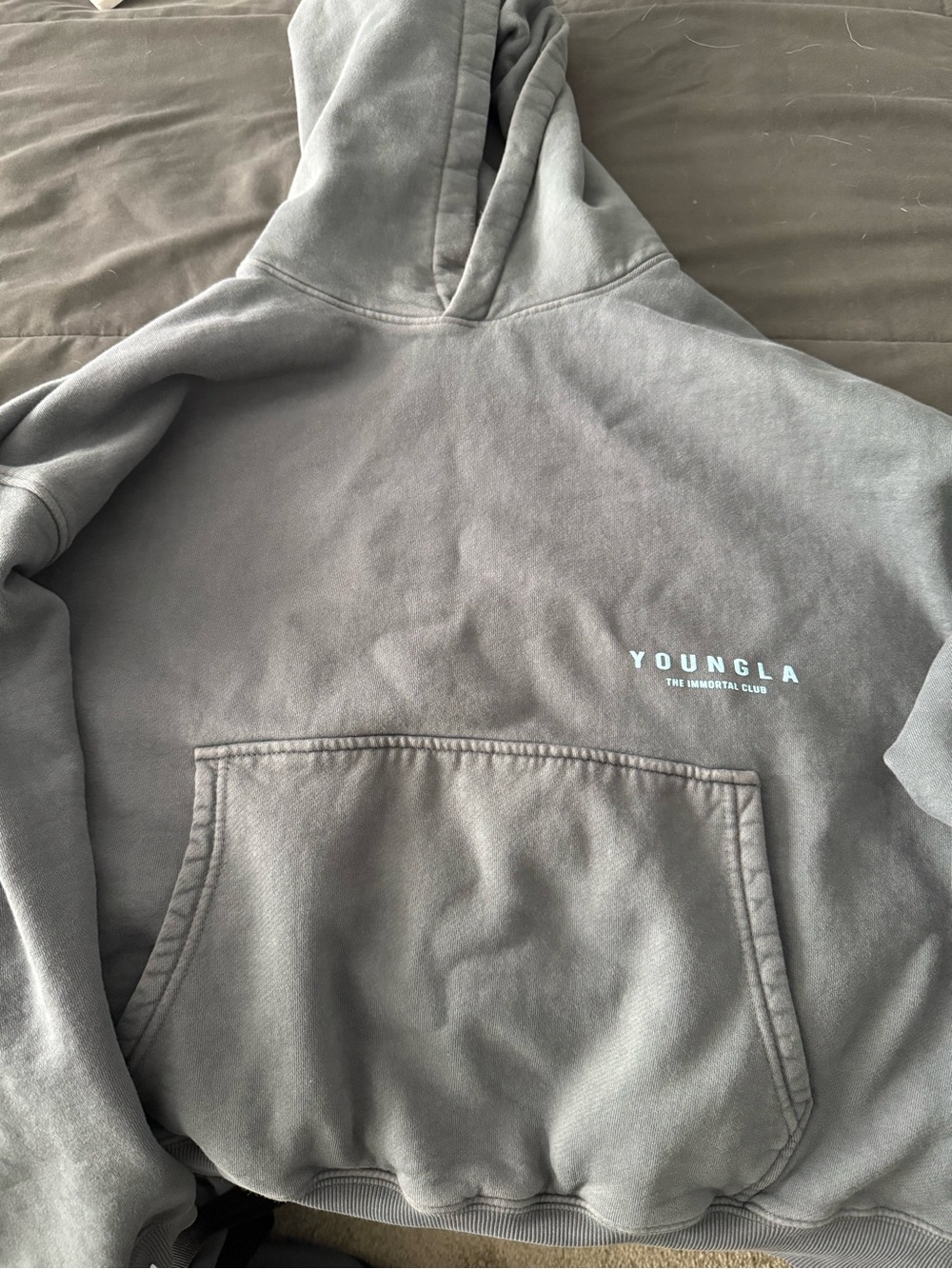 YoungLA Hoodie in Slate Gray with Light Blue Logo - Picture 2 of 2